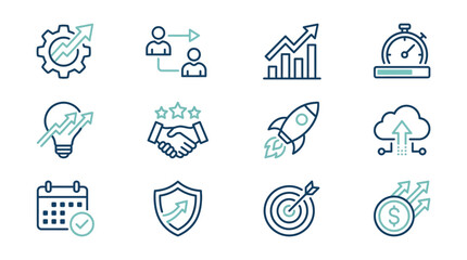 Fototapeta premium Business development and corporate strategy growth icons set.