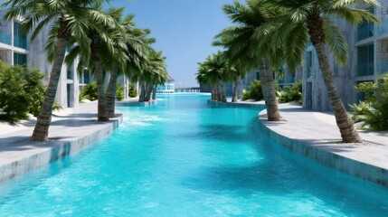 Fototapeta premium Tranquil Tropical Resort with Clear Water Canal and Lush Palm Trees Under Bright Blue Sky