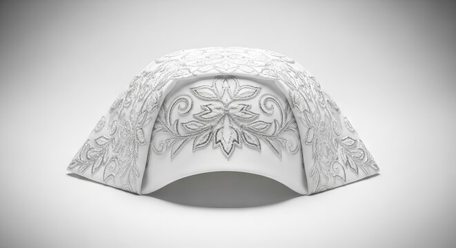 Elegant white nursing headwear featuring intricate silver embroidery, isolated on a clean neutral background for a minimalist medical look, nurse, stitch, bonnet