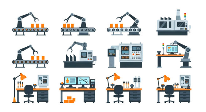 Icons depicting factory production lines and manufacturing stages.
