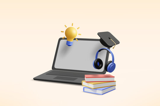 3d vector illustration of an online education concept featuring a realistic laptop computer with a glowing creative lightbulb, blue headphones, a graduation cap, and a stack of school textbooks