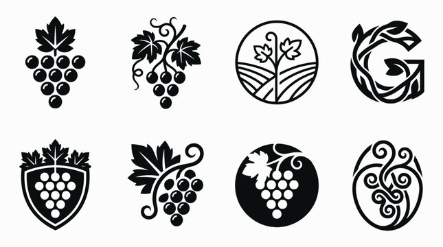 Collection of eight black grape-themed icons featuring grape clusters, vine leaves, shields, circles, and decorative patterns on a white background.