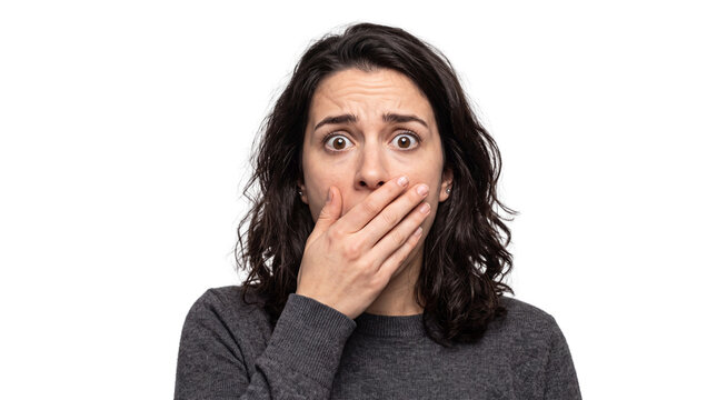 Shocked Young Woman Covering Mouth with Hand Expressing Surprise or Secret Isolated
