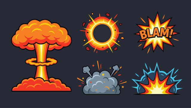 Set of cartoon comic book explosion effects and smoke clouds