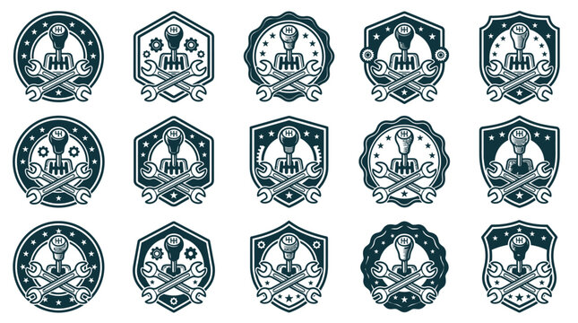 Automotive repair service logo collection with manual gear shift sticks and crossed wrenches in circular and shield emblems. Professional vintage mechanic workshop branding icons.