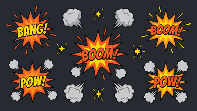 Comic book explosion speech bubbles with bang boom and pow text