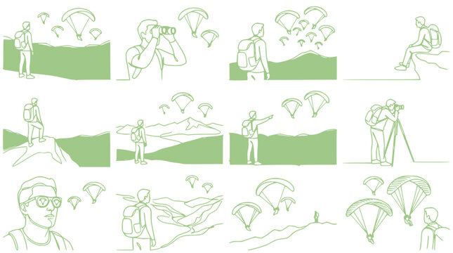 Adventure Collage: Hikers, Parachutes, and Nature Scenes in Minimalist Green Line Art