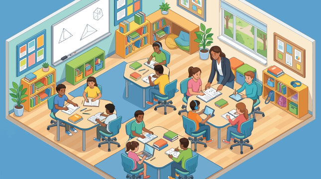 Primary school students collaborating in modern classroom setting