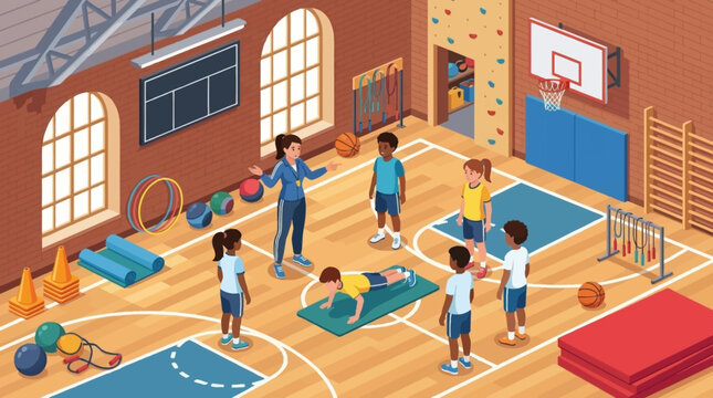 Students practicing fitness and basketball in school gym class