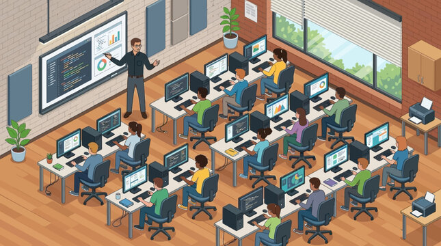 Teacher leading a computer science and data analysis class