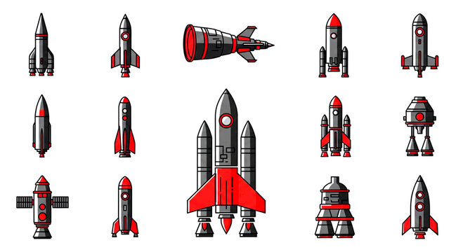 Aerospace icons for space exploration rockets and propulsion engines.
