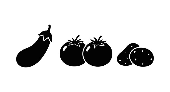 Vector illustration of set of black silhouettes of eggplant, tomatoes and potatoes on a transparent background