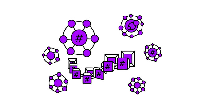 Conceptual icons for blockchain technology and decentralized networks.