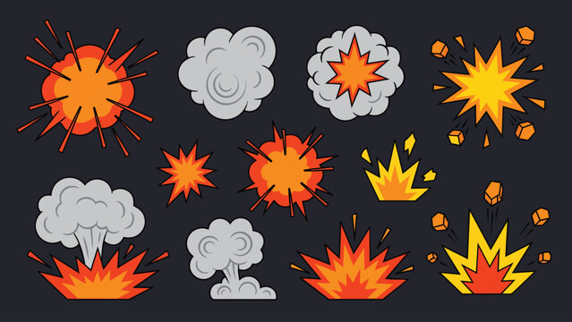 Comic style explosion and smoke cloud graphic elements set