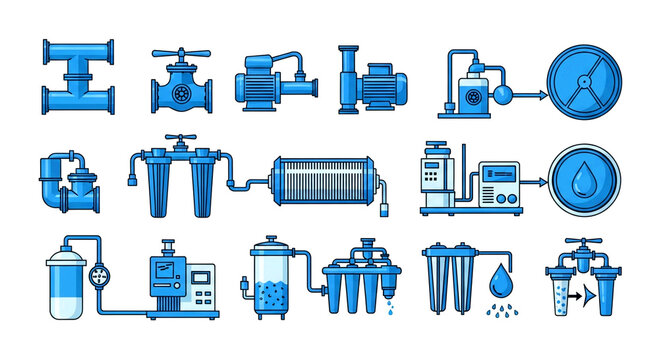 Vector icons representing water purification and filtration systems.