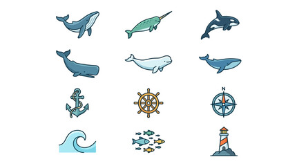 Nautical ocean life and maritime navigation icon collection. © Tawang