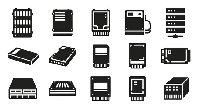 Flat icons for computer storage drives and solid state memory.