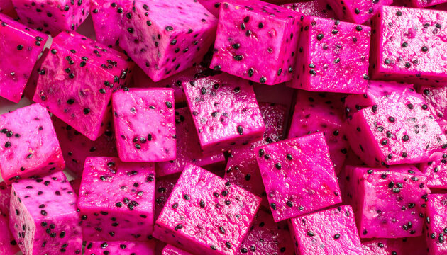 Dragon fruit cubes chopped into bright pink square pieces arranged in a dense background pattern for healthy food photography concepts