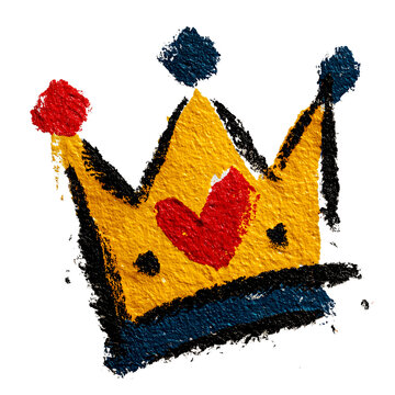 Hand-drawn Impasto Style Yellow Crown with Red Heart for Childrens Illustration