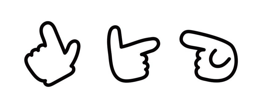 手書きのかわいい白黒の指差しアイコン 3点セット