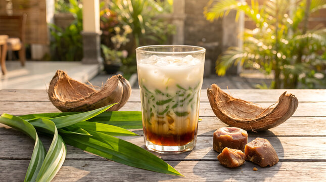 Premium Indonesian Es Cendol served in a tropical rustic setting, ideal for restaurant menus, hospitality marketing, culinary tourism, editorial publishing, and commercial advertising.