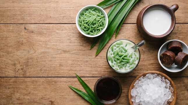 Fresh ingredients for authentic Indonesian Es Cendol arranged in a rustic flat lay, ideal for recipe websites, beverage branding, culinary education, and hospitality marketing.