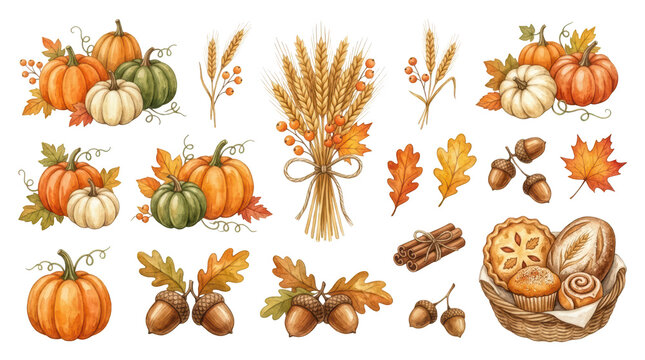 Watercolor autumn harvest elements set isolated on transparent background
