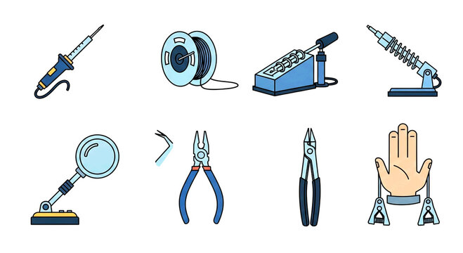 Vector icons for electronics assembly and soldering equipment.