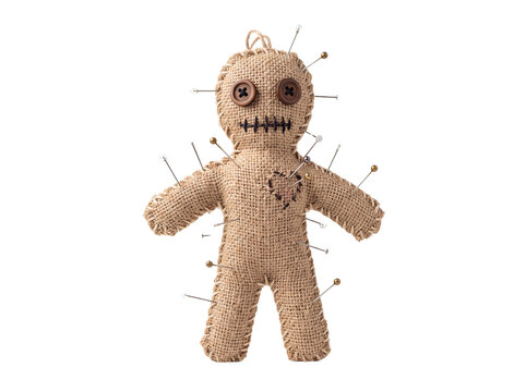 Handmade Burlap Voodoo Doll with Pins for Magic and Occult Rituals Isolated