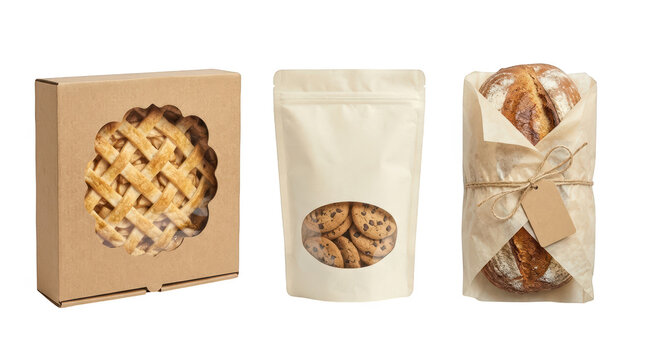 Assortment of bakery products including a lattice pie in a cardboard box, chocolate chip cookies in a pouch, and a loaf of bread wrapped in paper isolated on transparent background