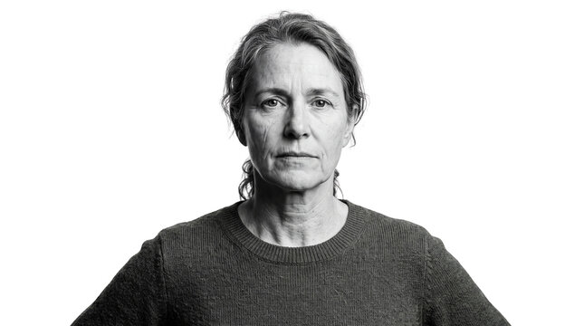 Serious Mature Woman Portrait Black and White Isolated on Transparent Background