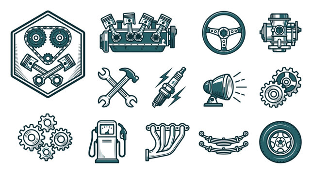 Vintage automotive part icon set featuring engine block, pistons, steering wheel, spark plug, gas pump, gears, wrenches, exhaust manifold, headlight, and tire in a monochromatic line art style.