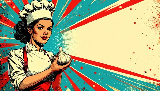 Retro Pop Art Female Chef Holding Garlic with Large Copy Space for Menu or Recipe Design