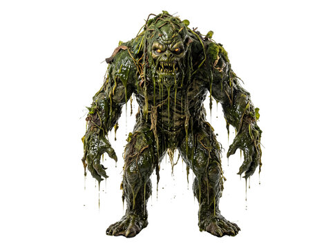 Menacing Swamp Monster Creature with Slimy Moss and Glowing Eyes Isolated