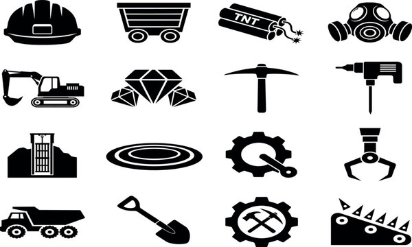 Mining Industry and Coal Extraction Silhouette Icon Set with Excavator Dump Truck Diamonds Pickaxe TNT Dynamite and Safety Equipment Vectors for Industrial Machinery Graphic Designs