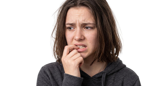 Anxious Teenage Girl Biting Her Nails and Looking Worried Isolated