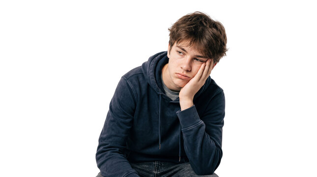 Bored and Pensive Teenage Boy in Navy Hoodie Isolated