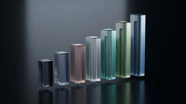A conceptual studio shot of glass blocks arranged as skill level indicators representing incremental progress, personal development, and growth milestones
