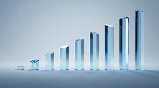 A conceptual digital illustration featuring clear glass pillars as skill level indicators representing progress, growth, and professional advancement