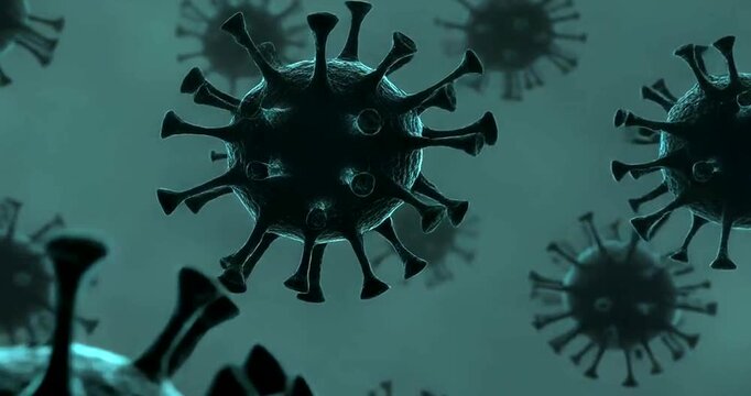 Microscopic view of dangerous coronavirus particles floating in dark green fluid animation.