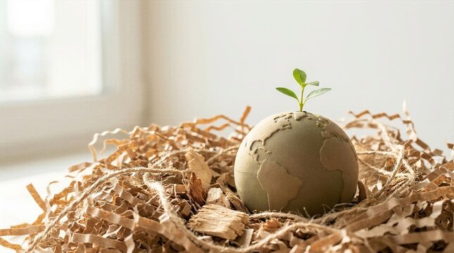 Sustainable packaging concept featuring a sprouting earth globe sitting on recycled shredded cardboard.
