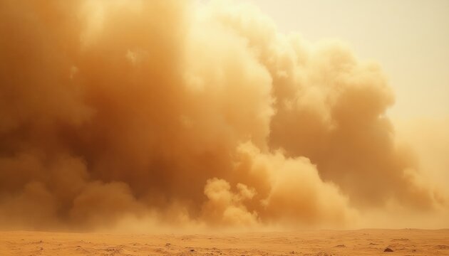 Huge dust storm rises over dry desert landscape during intense wind event. Thick ocher clouds of sand swirl in air, obscure visibility. Powerful natural climate phenomenon impacts arid geography