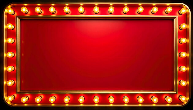 Marquee sign board with glowing yellow light bulbs and a vibrant red center frame for advertising and promotional announcements