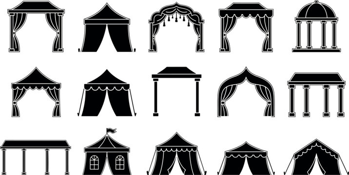 Wedding Canopy and Event Tent Silhouette Icon Set with Decorative Archways, Gazebos, Pavilions, and Drapery Symbols for Festive Celebrations and Outdoor Gatherings