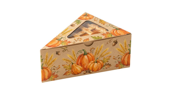 Triangular cardboard box for a slice of pumpkin pie with autumn harvest print isolated on transparent background