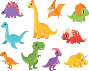 Cute Cartoon Dinosaur Vector Set with Tyrannosaurus Rex Triceratops Brachiosaurus and Stegosaurus Characters for Kids Room Wall Art and Birthday Graphics © MstMonira