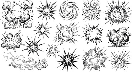 Comic explosion doodle set featuring hand drawn bomb blast flash smoke cloud burst fire © RAJU