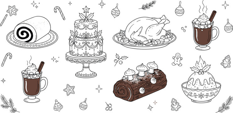 Christmas food doodle set featuring hand drawn turkey cake yule log hot chocolate pudding gingerbread and festive desserts