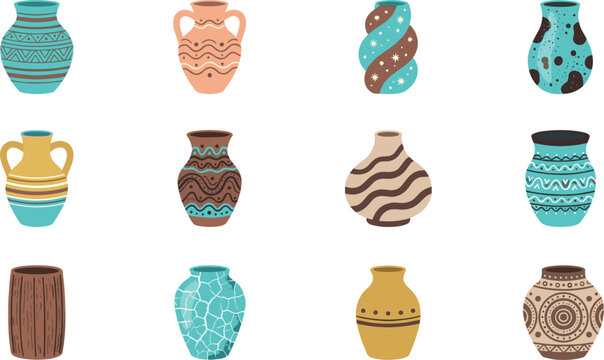 Decorative flower vases vector set featuring bohemian pottery ancient greek amphora rustic clay jars