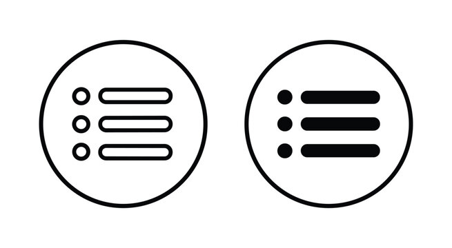 Menu Icon Set. A clean and modern set of two circular icons, one outlined and one filled, both displaying a list or menu symbol, perfect for UI design and navigation elements.